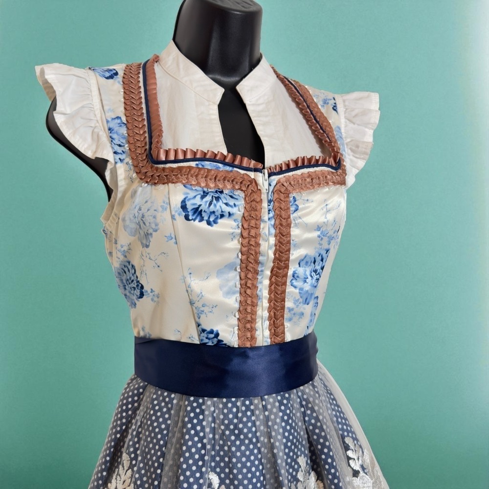 New Large Oktoberfest Blue Floral Lace Dirndl Dress Bavarian German Trachten